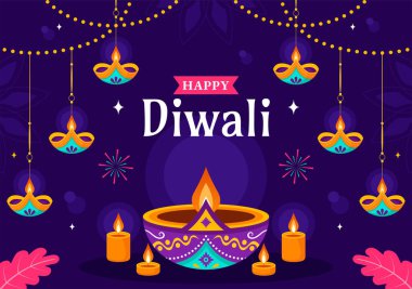 Geleneksel Hint Rangoli Dekorasyonu, Bayram Düz Arkaplanda Bayram Lambası ve Havai fişekleri içeren Diwali Işık Festivali Vektör İlülasyonu