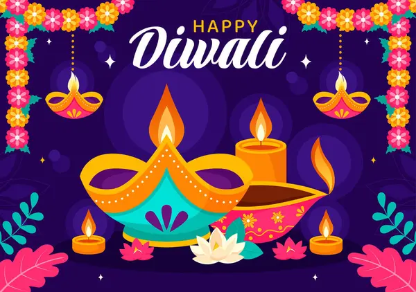 Geleneksel Hint Rangoli Dekorasyonu, Bayram Düz Arkaplanda Bayram Lambası ve Havai fişekleri içeren Diwali Işık Festivali Vektör İlülasyonu