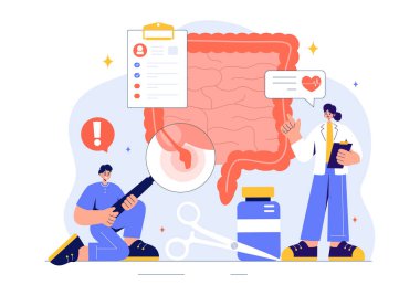 Apandisit Vektör İllüstrasyonu Eklenti ve Mide Tedavisinin Sağlık Hizmetleri Düz Biçim Çizim Arkaplanındaki İltihaplanması