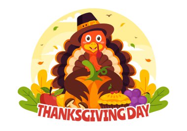 Türkiye, Balkabakları, Yapraklar ve Düz Tarzlı Çizgi Film Arkaplanındaki Çeşitli Diğer Elementlerle Şükran Günü Vektör Resimleri