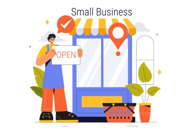 Gelişmekte Olan Çevrimiçi Mağazalar ve Arkaplanda Yiyecek Kamyonları dahil olmak üzere çeşitli sektörlerden Bağımsız Girişimler içeren Küçük İş Vektörü Resimleri