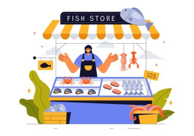 Fish Store Vector Illustration featuring a Variety of Fresh and Hygienic Marine Seafood Products in a Flat Style Cartoon Background clipart