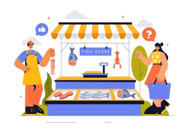 Flat Style Karikatür Arkaplanında Taze ve Hijyenik Deniz Ürünleri Varyasyonu içeren Balık Mağazası Vektör İlülasyonu