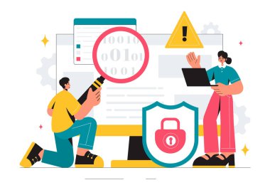 Arka planda Veri İhlali Güvenlik Saldırısı, Hacker Sahtekârlığı ve Kodlama Sorunları içeren Kırılganlık ve Tehdit Yönetimi Çözümleri Vektör Resimleri