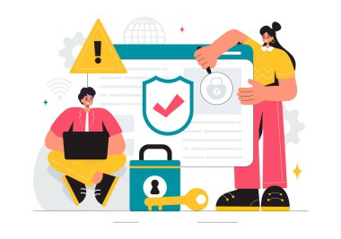 Arka planda Veri İhlali Güvenlik Saldırısı, Hacker Sahtekârlığı ve Kodlama Sorunları içeren Kırılganlık ve Tehdit Yönetimi Çözümleri Vektör Resimleri