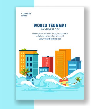 Tsunami Günü Farkındalık Posteri Sosyal Medya İllüstrasyonu Çizimi