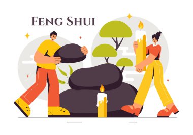 Feng Shui Doğu Felsefesi Vektör İllüstrasyonu Beş Elementin Pozitif Enerjisi ve Yin Yang Dengesi için Taşlar ve Bitkiler