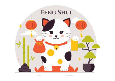 Feng Shui Doğu Felsefesi Vektör İllüstrasyonu Beş Elementin Pozitif Enerjisi ve Yin Yang Dengesi için Taşlar ve Bitkiler