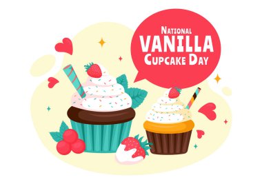 National Vanilla Cupcake Day Vector Illustration 10 Kasım 'da Cupcakes' in yer aldığı Bir Arkaplanda Çilek, Çilek ve Vanilya Kreması