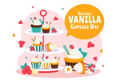 National Vanilla Cupcake Day Vector Illustration on November 10 featuring Cupcakes Topped with Sprinkle, Strawberry and Vanilla Cream in a Background