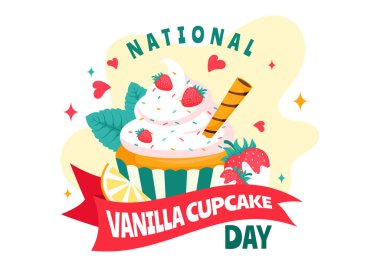 National Vanilla Cupcake Day Vector Illustration on November 10 featuring Cupcakes Topped with Sprinkle, Strawberry and Vanilla Cream in a Background