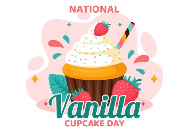 National Vanilla Cupcake Day Vector Illustration 10 Kasım 'da Cupcakes' in yer aldığı Bir Arkaplanda Çilek, Çilek ve Vanilya Kreması