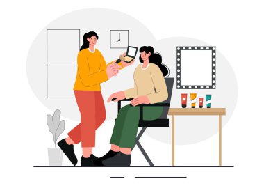 Güzellik ve Makyaj Okulu Vektör İllüstrasyonunda çeşitli kozmetik ürünler ve Arka planda Makyaj Yapmayı Öğrenen Güzel Kızlar