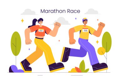 Marathon Yarış Vektörü İllüstrasyonunda Koşan ve Spor Turnuvasında Koşan İnsanlar, Düz Stil Arkaplanda Bitiş Çizgisi 'ne Yarış