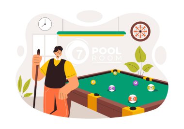 Billiards Game Vector Illustration featuring a Player in a Pool Room Holding a Cue Stick, with a Billiard Table and Balls in a Sports Club clipart