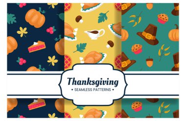 Bayramlık Şükran Günü Düz Şekil Çizgi Film İllüstrasyonlu Kusursuz Şablon