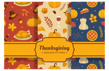 Bayramlık Şükran Günü Düz Şekil Çizgi Film İllüstrasyonlu Kusursuz Şablon