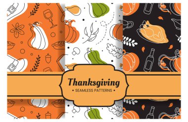 Bayramlık Şükran Günü Düz Şekil Çizgi Film İllüstrasyonlu Kusursuz Şablon