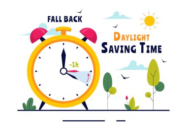 Alarm Saati ve Takvimi Yazdan Sonbahara Düz Çizgi Film Tasarımı ile Gün Işığı Kaydetme Zaman Vektörü ResmiComment