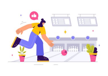 Bir bovling maçında insanların top attığı, toplu iğne, top ve skorbordların yer aldığı bir bovling maçının temsilcisi ve bowling maçının eğlencesi.