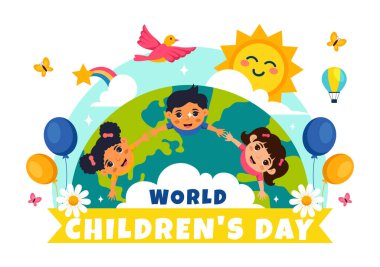 Dünya Çocuk Günü Vektör İlülasyonu 20 Kasım 'da Çocuk Esirgeme Kurumu ve Hakları Çizgi Filmi Arkaplanındaki Şirin Dekoratif Elemenlerle