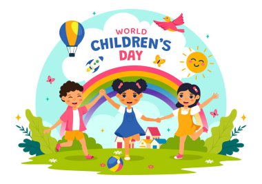 Dünya Çocuk Günü Vektör İlülasyonu 20 Kasım 'da Çocuk Esirgeme Kurumu ve Hakları Çizgi Filmi Arkaplanındaki Şirin Dekoratif Elemenlerle