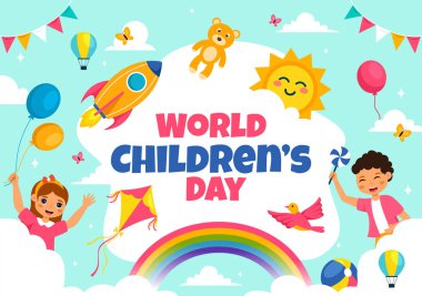 Dünya Çocuk Günü Vektör İlülasyonu 20 Kasım 'da Çocuk Esirgeme Kurumu ve Hakları Çizgi Filmi Arkaplanındaki Şirin Dekoratif Elemenlerle