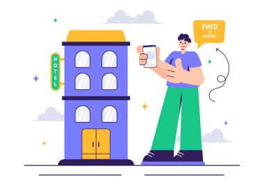 Derecelendirme Servisleri, Kullanıcı Memnuniyeti ve Düz Stil Çizgi Arkaplan Müşteri Deneyimleri içeren Hotel Reviews Vector Illustration