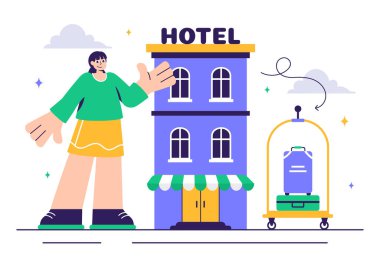 Derecelendirme Servisleri, Kullanıcı Memnuniyeti ve Düz Stil Çizgi Arkaplan Müşteri Deneyimleri içeren Hotel Reviews Vector Illustration