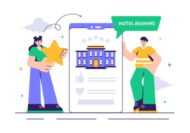 Derecelendirme Servisleri, Kullanıcı Memnuniyeti ve Düz Stil Çizgi Arkaplan Müşteri Deneyimleri içeren Hotel Reviews Vector Illustration
