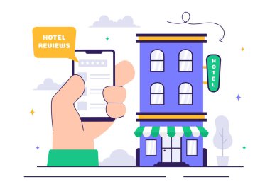 Derecelendirme Servisleri, Kullanıcı Memnuniyeti ve Düz Stil Çizgi Arkaplan Müşteri Deneyimleri içeren Hotel Reviews Vector Illustration