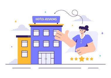 Derecelendirme Servisleri, Kullanıcı Memnuniyeti ve Düz Stil Çizgi Arkaplan Müşteri Deneyimleri içeren Hotel Reviews Vector Illustration