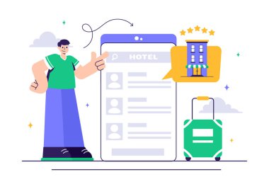 Derecelendirme Servisleri, Kullanıcı Memnuniyeti ve Düz Stil Çizgi Arkaplan Müşteri Deneyimleri içeren Hotel Reviews Vector Illustration