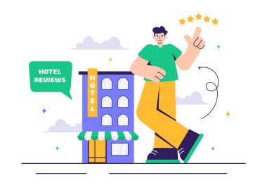 Derecelendirme Servisleri, Kullanıcı Memnuniyeti ve Düz Stil Çizgi Arkaplan Müşteri Deneyimleri içeren Hotel Reviews Vector Illustration