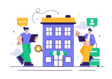 Derecelendirme Servisleri, Kullanıcı Memnuniyeti ve Düz Stil Çizgi Arkaplan Müşteri Deneyimleri içeren Hotel Reviews Vector Illustration