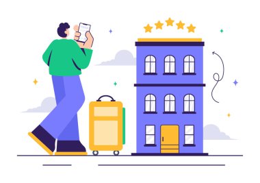 Derecelendirme Servisleri, Kullanıcı Memnuniyeti ve Düz Stil Çizgi Arkaplan Müşteri Deneyimleri içeren Hotel Reviews Vector Illustration
