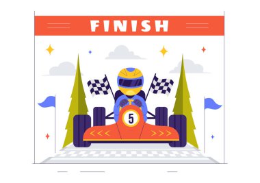 Vector Illustration of Formula Racing Sports Car Reaching the Finish Line on Race Circuit Competing to Win the Championship in a Flat Background clipart