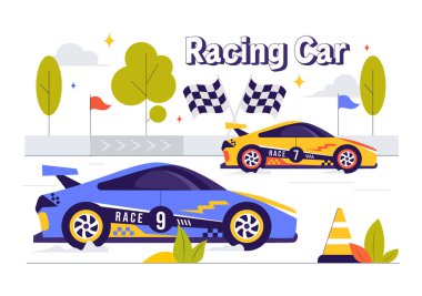 Formula Yarış Arabasının Yarış Pistinde Bitiş Çizgisine Ulaşmasının Vektör İllüstrasyonu Düz Arkaplanda Şampiyonluğu Kazanmak İçin Yarışıyor