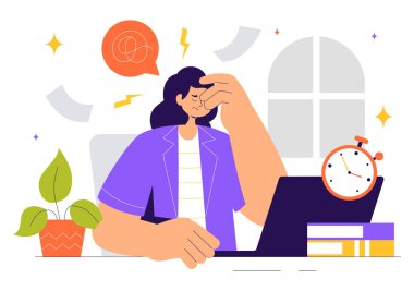 Sağlık Hizmetleri Tarzı Çizgi Filmlerinde Baş Ağrısı, Stres, Çoklu Görev ve Migren Hastalarının Migren Vektörü İmajı