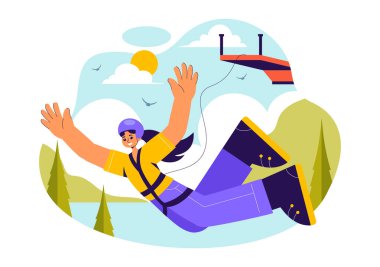 Bungee Jumping Vector İlüstrasyonunda, Ekstrem Spor Çizgi Filmi Arkaplanındaki Elastik Halatla Büyük Yükseklikten Düşen Bir Kişi