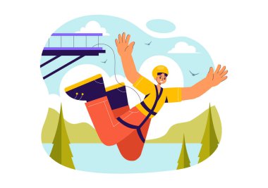 Bungee Jumping Vector İlüstrasyonunda, Ekstrem Spor Çizgi Filmi Arkaplanındaki Elastik Halatla Büyük Yükseklikten Düşen Bir Kişi