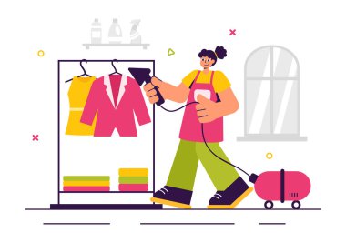 Dry Cleaning Store Service Vector Illustration featuring Washing Machines, Dryers, and Laundry Services for Clean and Fresh Clothing in a Background clipart