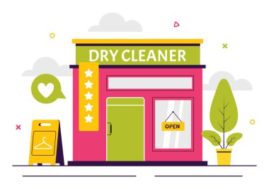 Dry Cleaning Store Service Vector Illustration featuring Washing Machines, Dryers, and Laundry Services for Clean and Fresh Clothing in a Background clipart