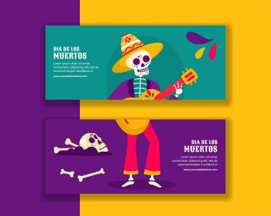 Dia de Los Muertos Festive Template for Horizontal Banner in Flat Hand Drawn Cartoon Style clipart