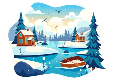 Büyüleyici Kış Köyü Vektör İllüstrasyonunda Sahne Karlı Dağ Manzarasında Konforlu Evler Arkaplanda Serene Doğa Ayarları