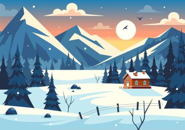 Charming Winter Village Vector Illustration featuring Cozy Houses in a Scenic Snowy Mountain Landscape, with a Serene Nature Setting in a Background clipart