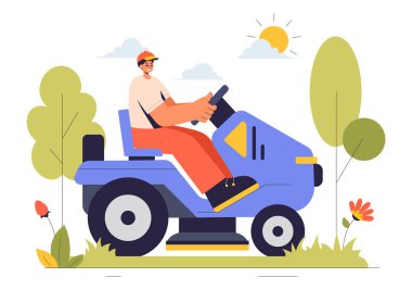 Çim biçme makinesi tasviri Çim biçme, budama ve Bakım Bir Yaz Bahçe Düz Çizgi Filmi Arkaplanında