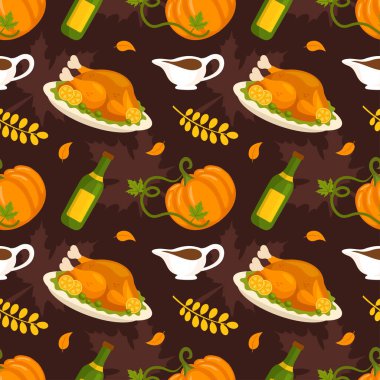 Sezonluk Tasarımlar ve Tatil Dekorasyonları İçin Canlı Düz Şekil Çizgi Film Elemanlarını içeren Şablonsuz Şükran Günü Şablonu