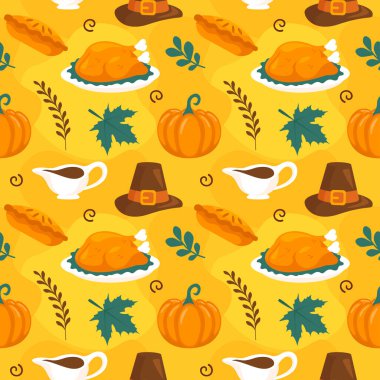 Sezonluk Tasarımlar ve Tatil Dekorasyonları İçin Canlı Düz Şekil Çizgi Film Elemanlarını içeren Şablonsuz Şükran Günü Şablonu