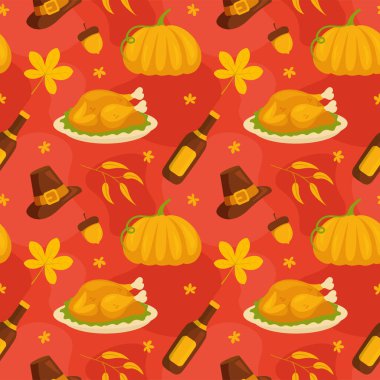 Sezonluk Tasarımlar ve Tatil Dekorasyonları İçin Canlı Düz Şekil Çizgi Film Elemanlarını içeren Şablonsuz Şükran Günü Şablonu